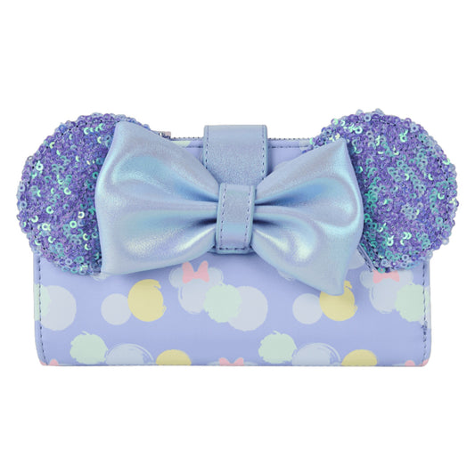 Purple Minnie Mouse wallet with bow sequin ears and minnie mouse character head pattern on a white background