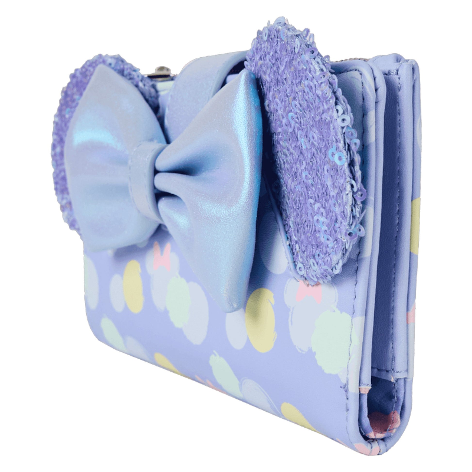 Purple Minnie Mouse wallet with bow sequin ears and minnie mouse character head pattern on a white background