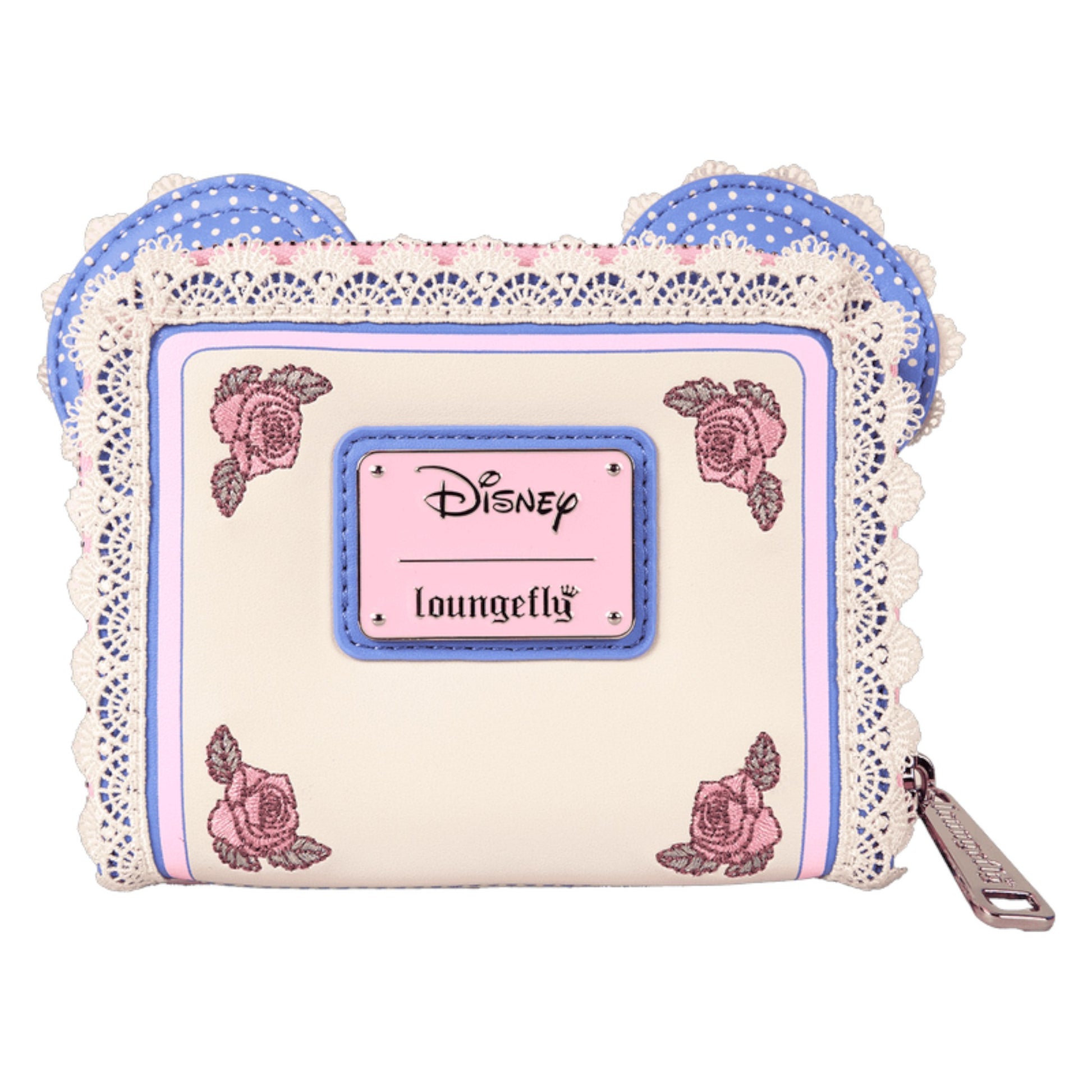 Disney Loungefly Minnie Floral and Lace Ears wallet  with lace details and rose patterns on a white background