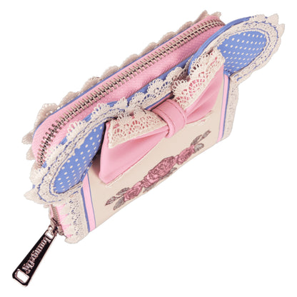 Minnie Floral and Lace Ears wallet  with lace, bow, and polka dot patterns on a white background