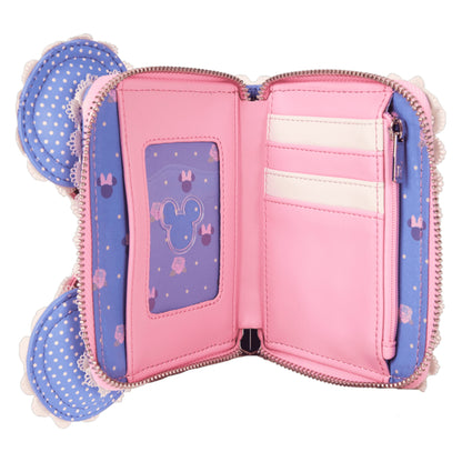 Pink and blue wallet with minnie mouse head character design on a white background