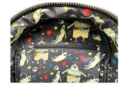 Backpack with a colorful pattern of The Nightmare Before Christmas Clown and other design elements on a white background