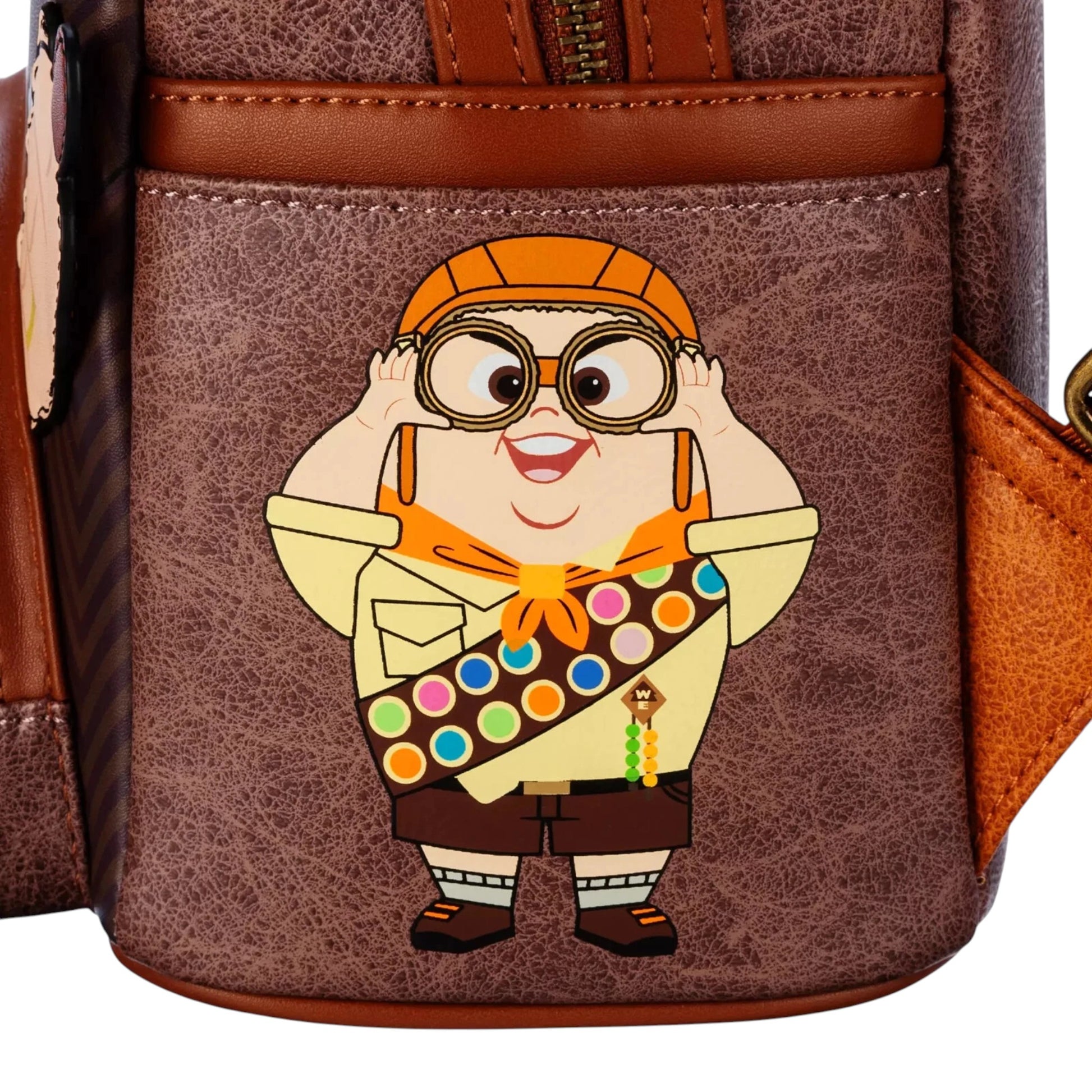 Backpack with Russell character design on a brown background