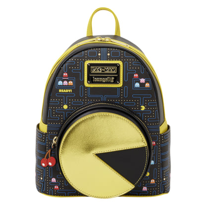 Loungefly Pac-Man Glow Mini Backpack with video game pattern  and metallic Pac-Man on a spinning wheel with cherry fruit zipper pull on a white background
