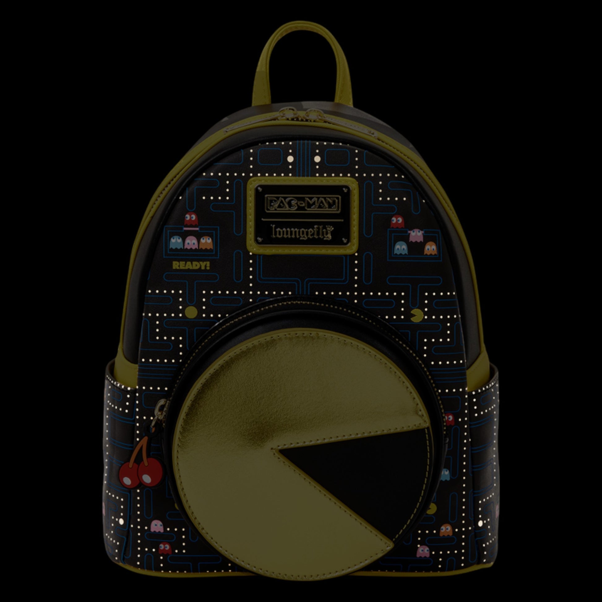 Glowing Loungefly Pac-Man Glow Mini Backpack with video game pattern  and metallic Pac-Man on a spinning wheel with cherry fruit zipper pull on a black background