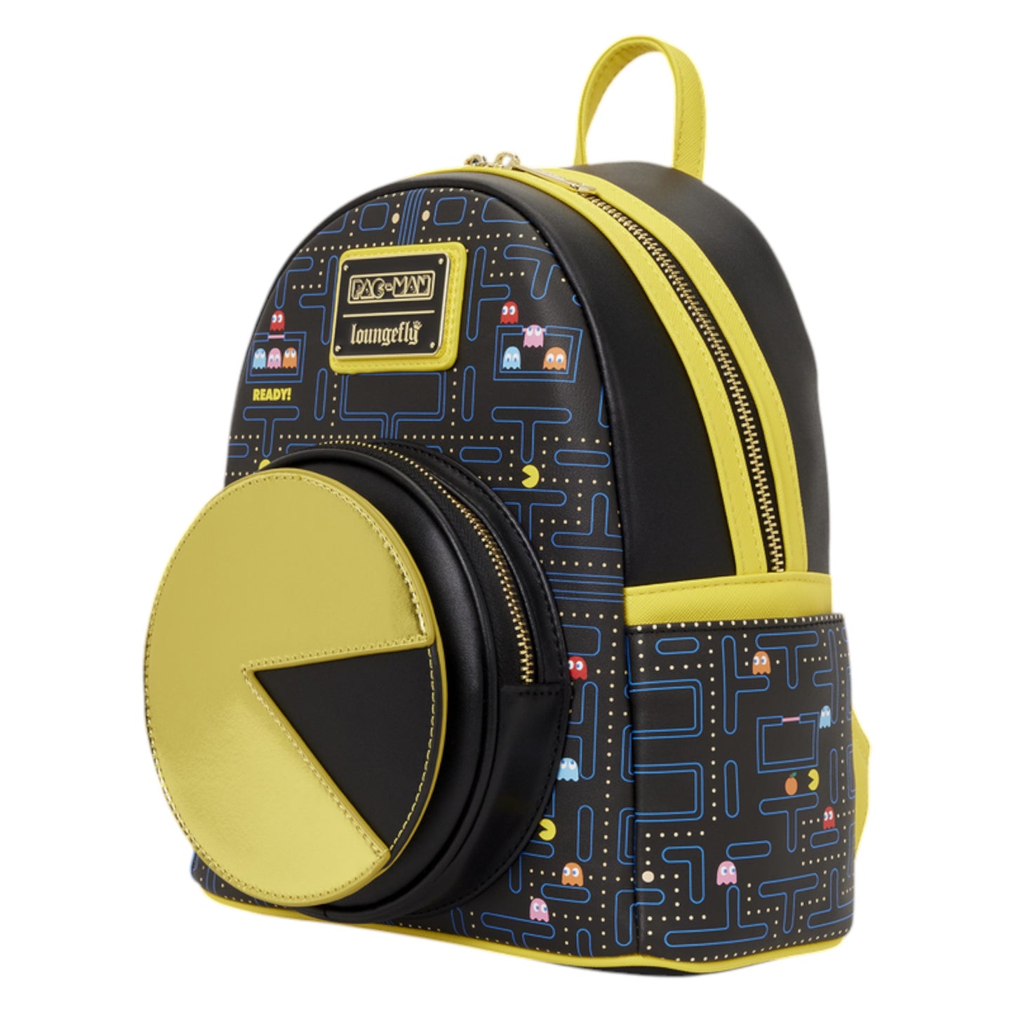 Loungefly Pac-Man Glow Mini Backpack with video game pattern  and metallic Pac-Man on a spinning wheel with cherry fruit zipper pull on a white background