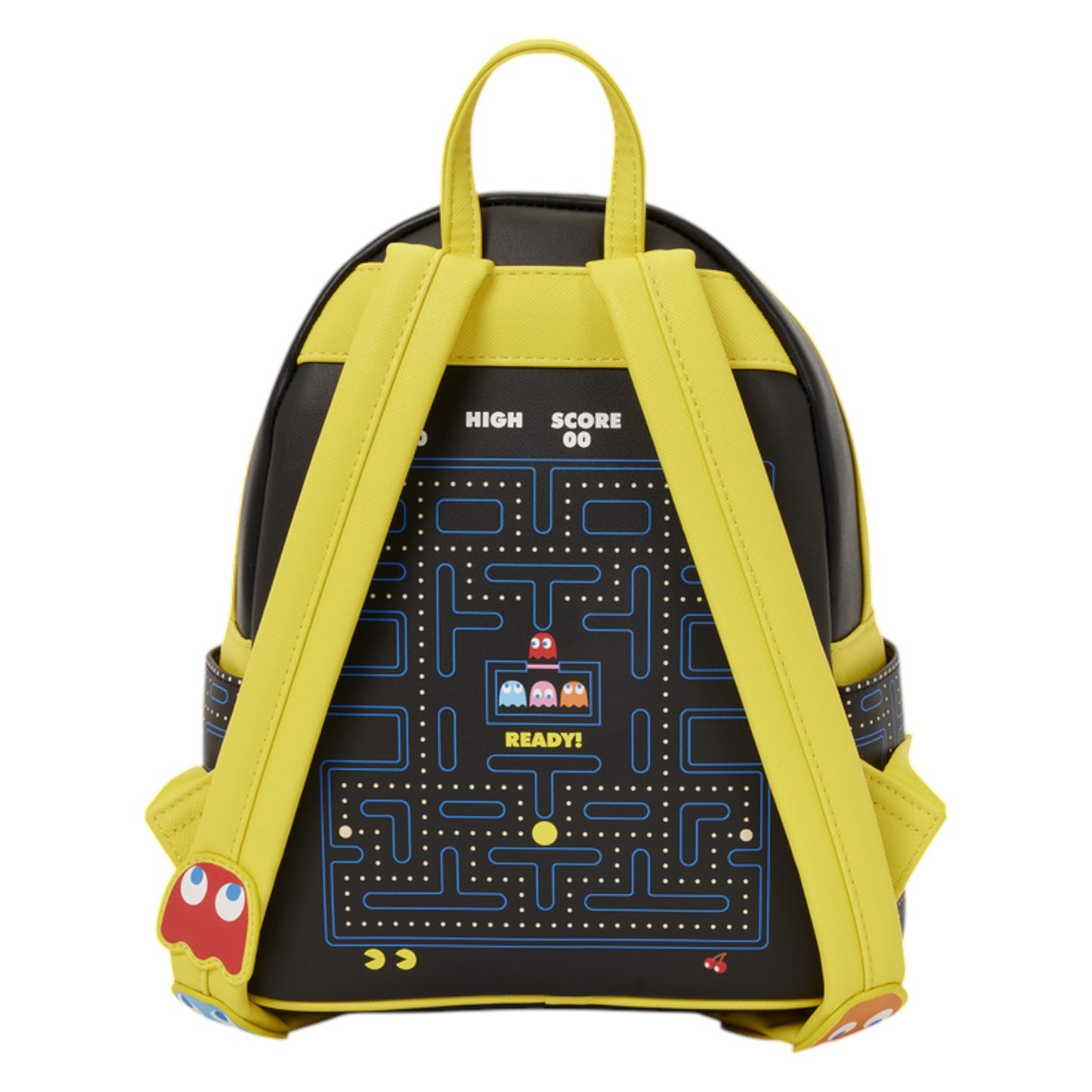 Back of Loungefly Pac-Man Glow Mini Backpack with video game pattern and yellow r on a white background