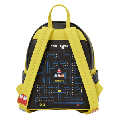 Back of Loungefly Pac-Man Glow Mini Backpack with video game pattern and yellow r on a white background