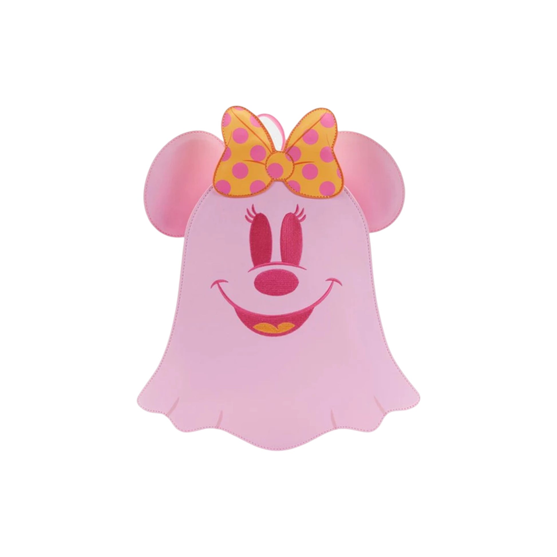 Pink Ghost Minnie Mouse with a bow on a white background