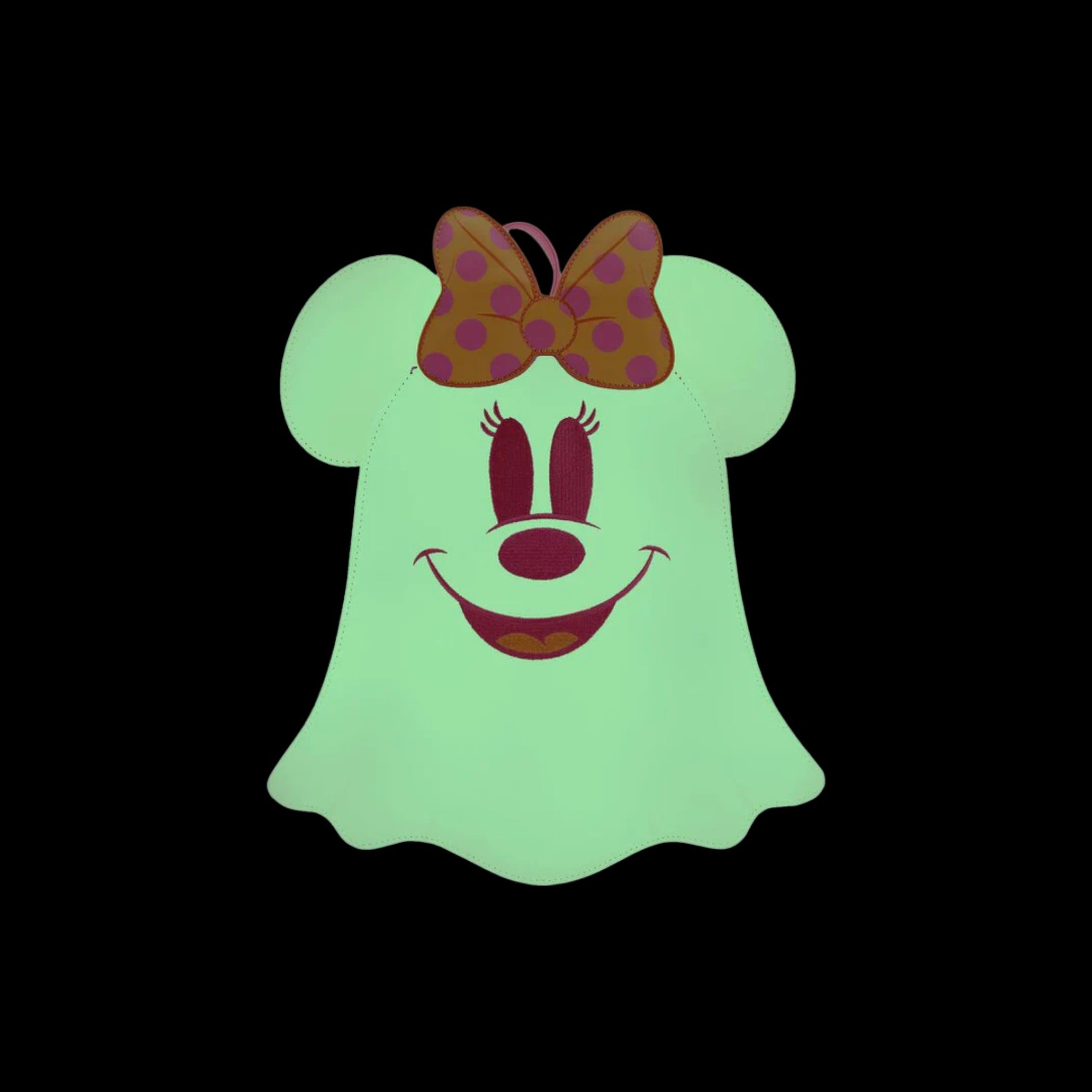 Green glowing Ghost Minnie Mouse with a bow and face design on a black background