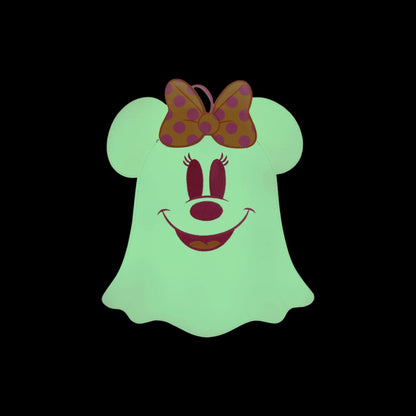Green glowing Ghost Minnie Mouse with a bow and face design on a black background