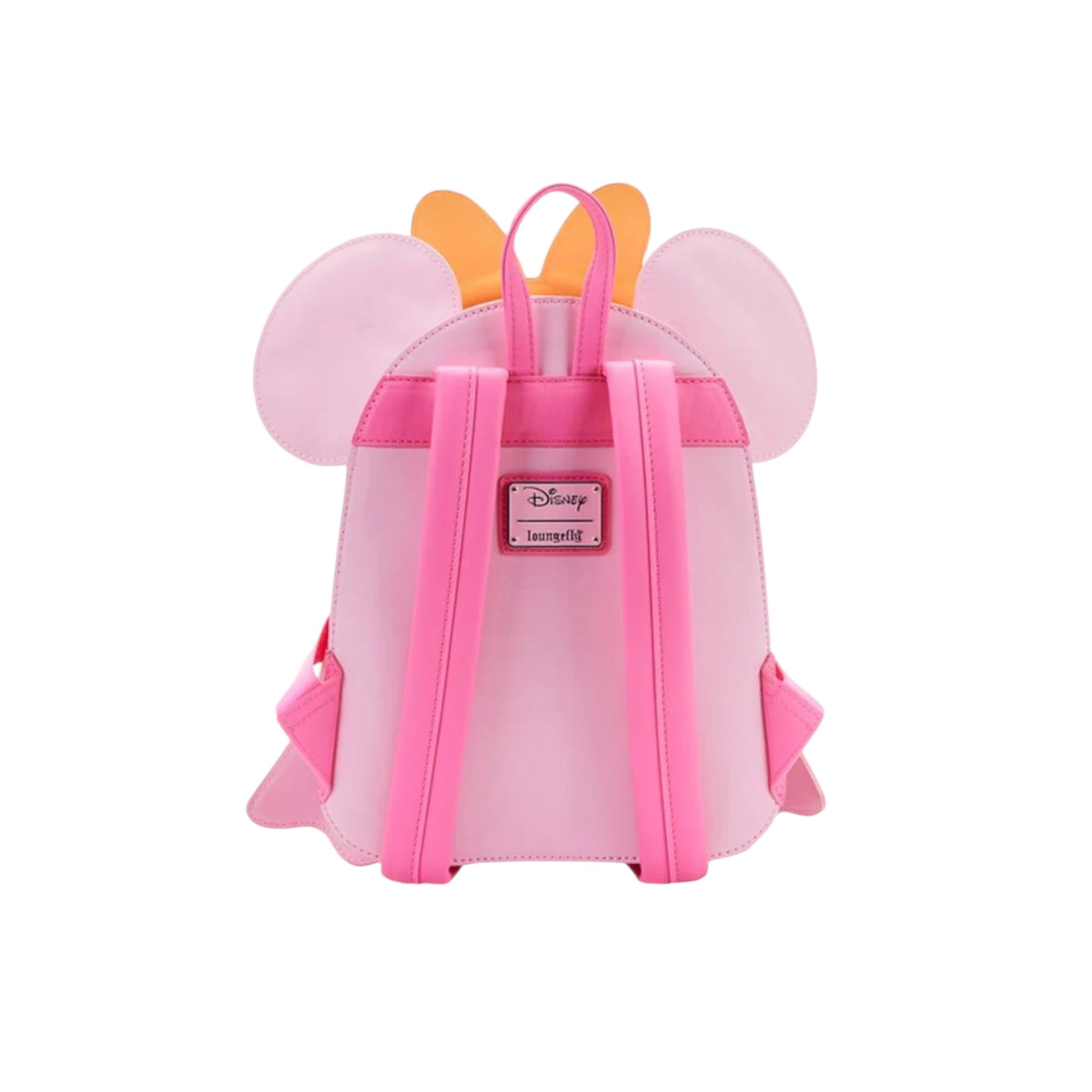 Pink backpack with minnie mouse ears and a Disney Loungefly tag on a white background