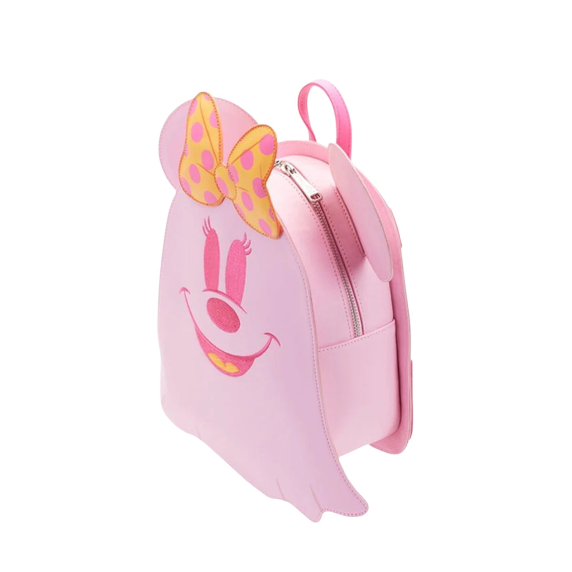 Pink backpack with Ghost Minnie Mouse face design and orange bow on a white background