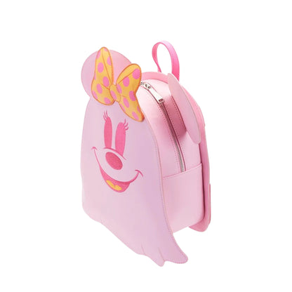 Pink backpack with Ghost Minnie Mouse face design and orange bow on a white background