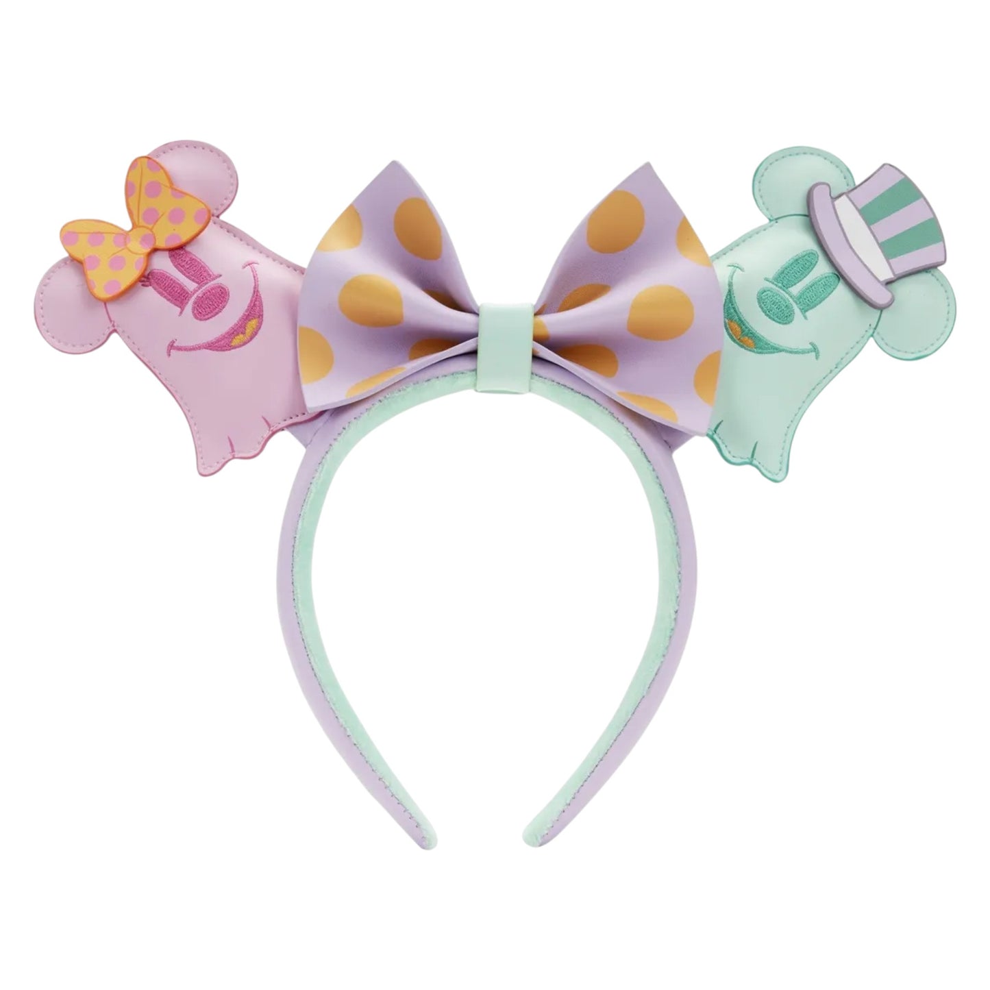 Colorful headband with Ghost Minnie & Mickey character ears and bow on a white background