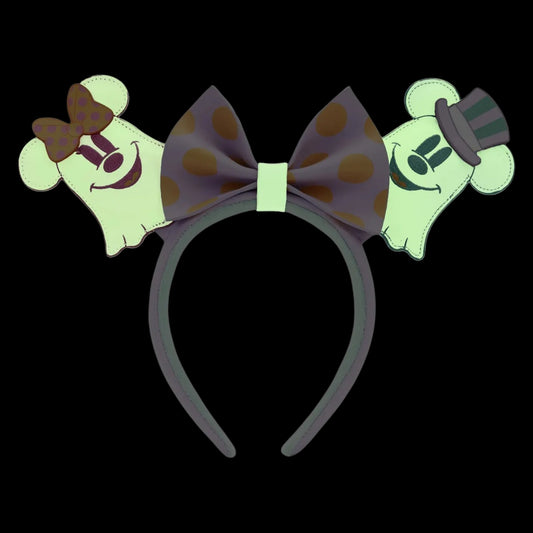 Ghost Minnie & Mickey ears headband with polka dot bow and ghost designs glowing on a black background