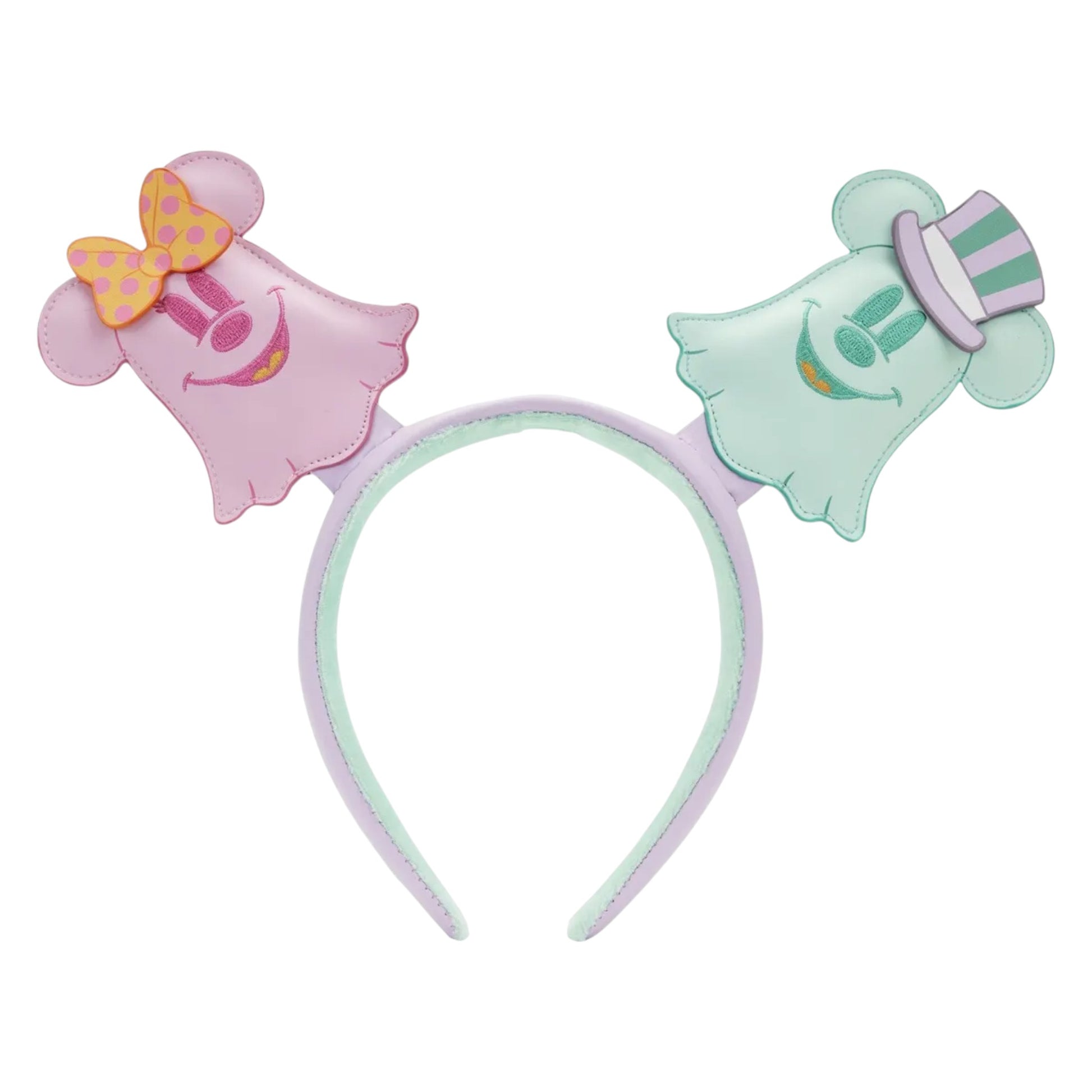 Ghost Minnie & Mickey character headbands with pink and green designs on a white background