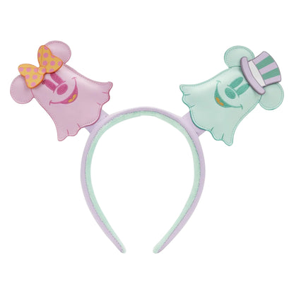 Ghost Minnie & Mickey character headbands with pink and green designs on a white background