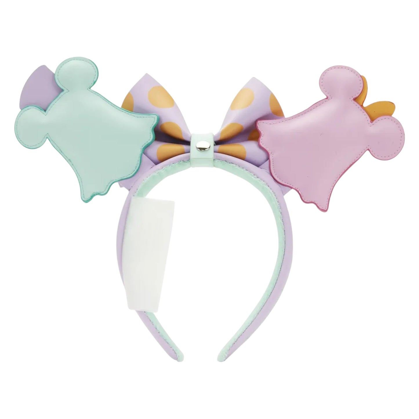 Pastel-colored Ghost Minnie & Mickey headband with bow on a white background