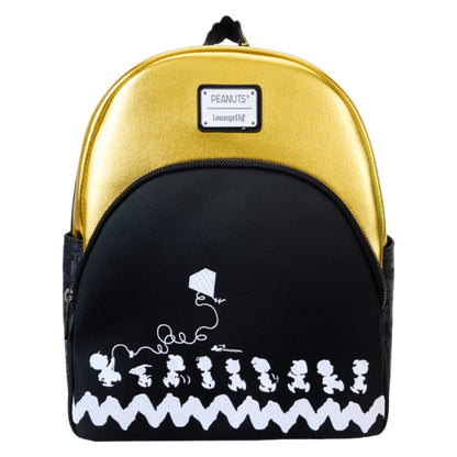 Gold and black backpack with Peanuts character design on a white background
