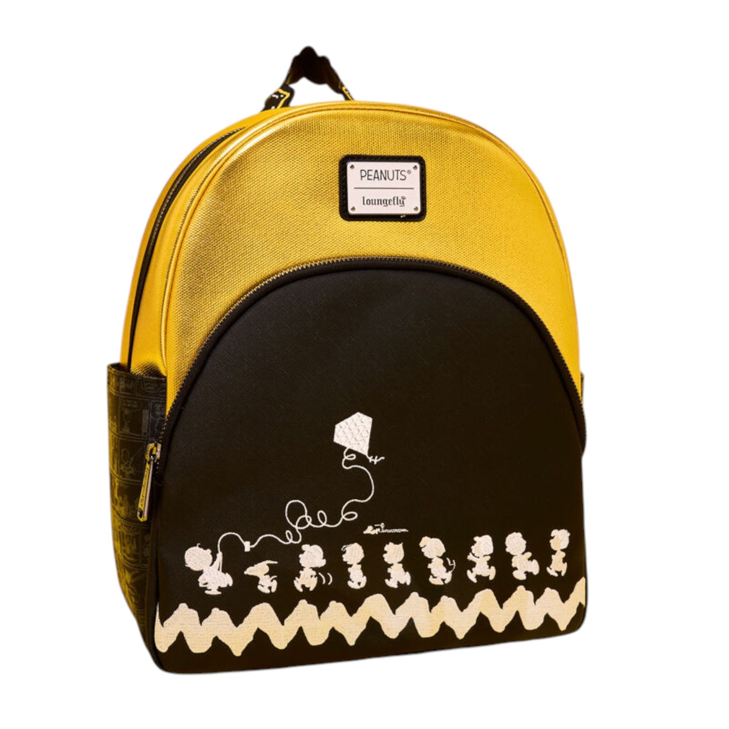 Yellow and black backpack with Peanuts character design on a white background