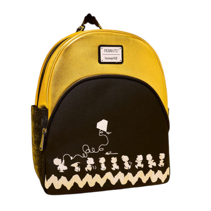 Yellow and black backpack with Peanuts character design on a white background