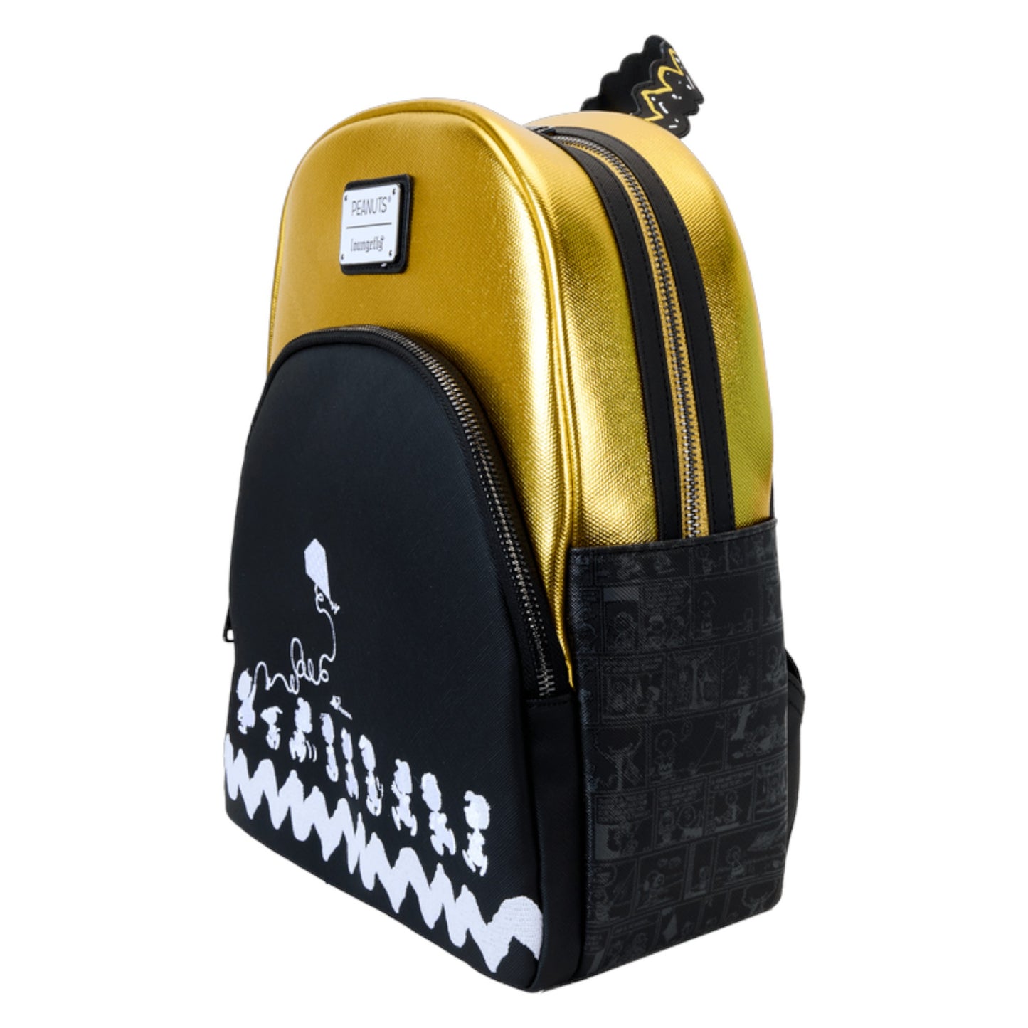 Gold and black backpack with Peanuts  characters design on a white background