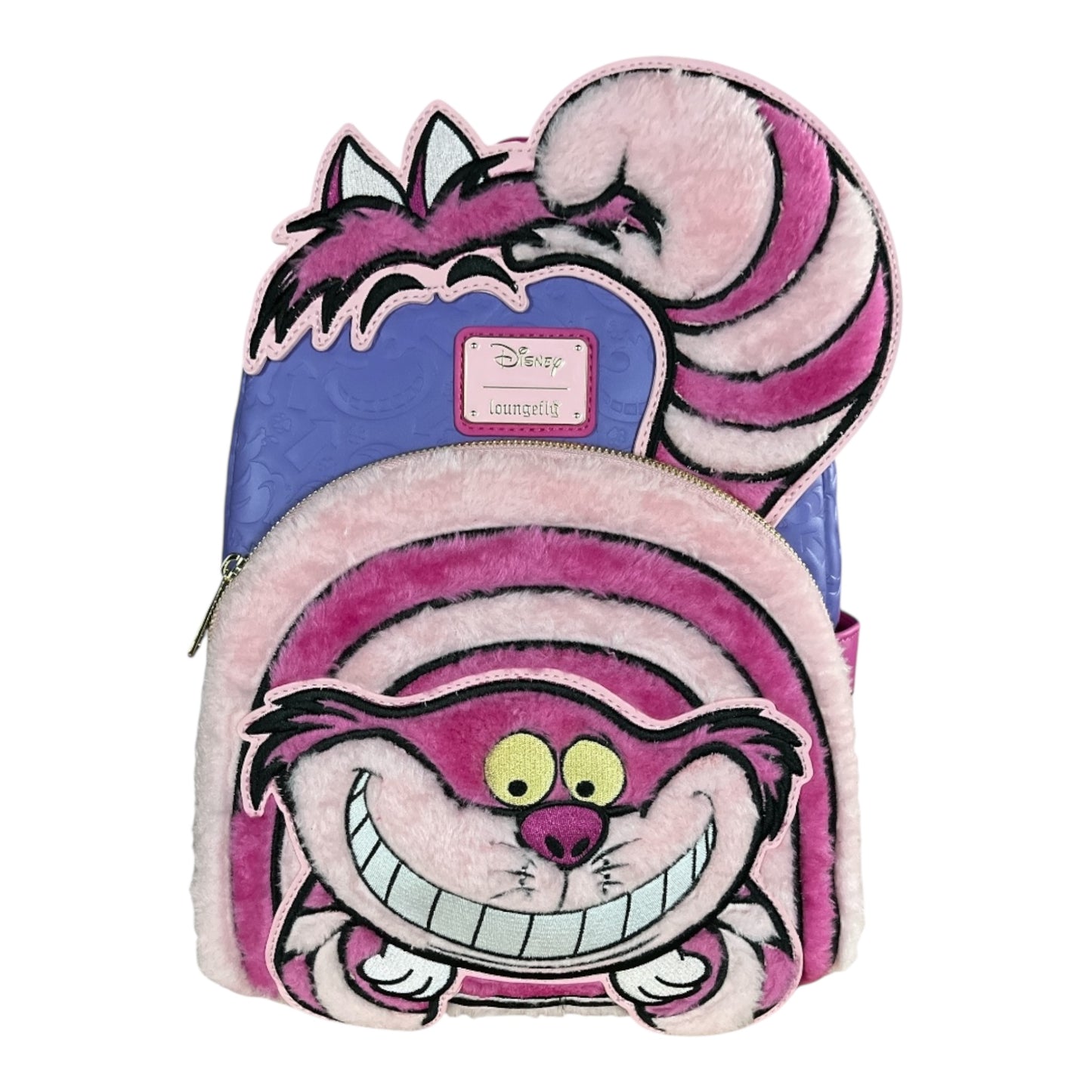 Mini backpack with plush Cheshire Cat design with Disney and Loungefly logo on a white background
