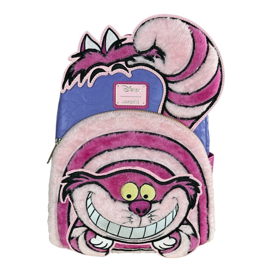 Mini backpack with plush Cheshire Cat design with Disney and Loungefly logo on a white background