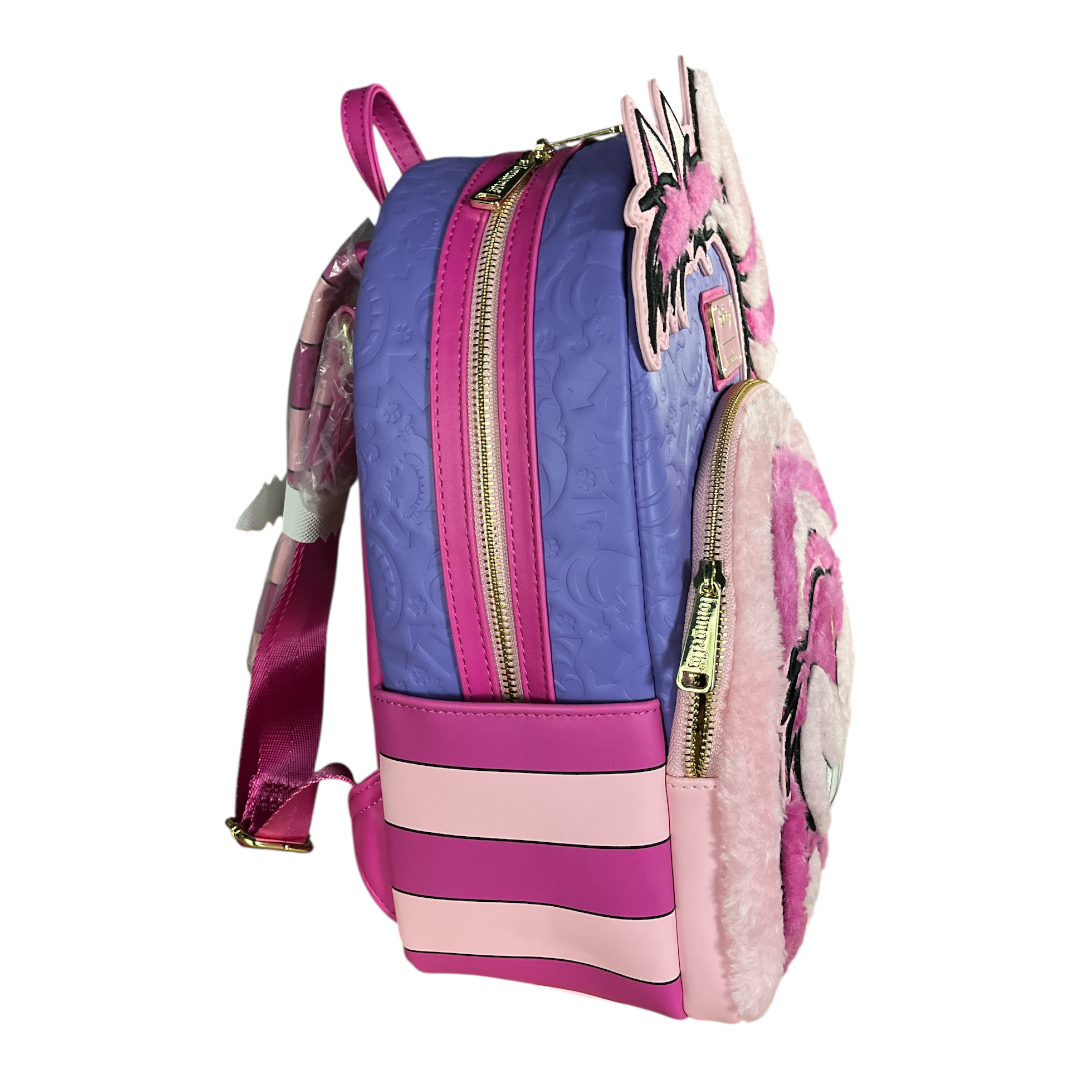 Pink and purple backpack with Cheshire Cat design on a white background