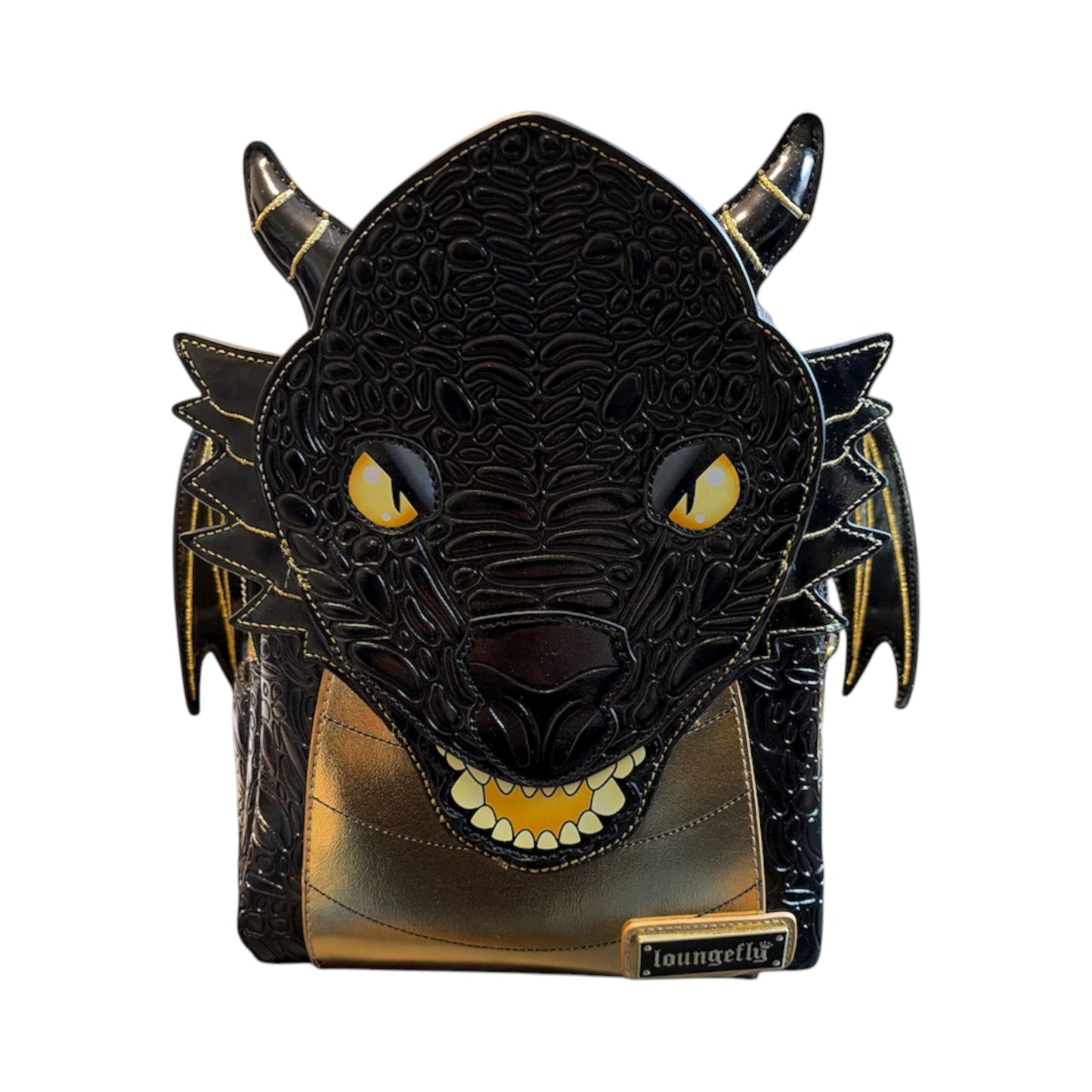 Black dragon-shaped Fourth Wing Black Gold Dragon Mini Backpack with yellow accents on a white background