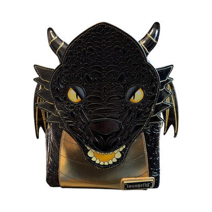 Black dragon-shaped Fourth Wing Black Gold Dragon Mini Backpack with yellow accents on a white background