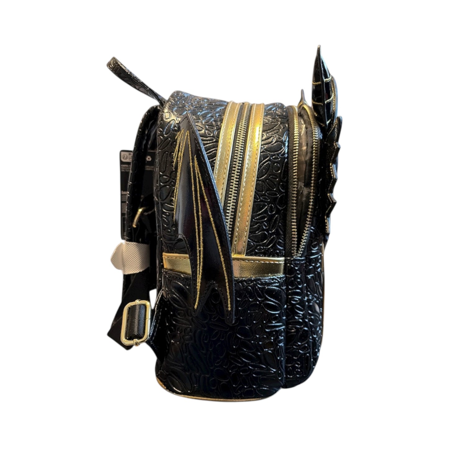 Black leather Fourth Wing Black Gold Dragon Mini Backpack with gold scale accents on a white background