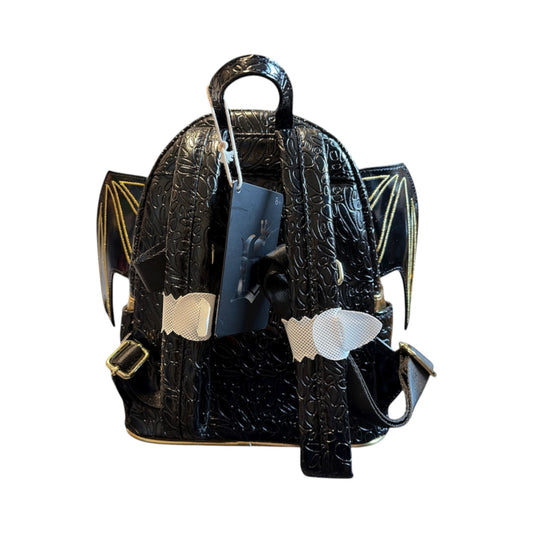 Black textured Fourth Wing Black Gold Dragon Mini Backpack with wings on a white background