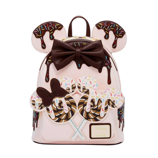 Backpack with lollipop and bow design on a white background