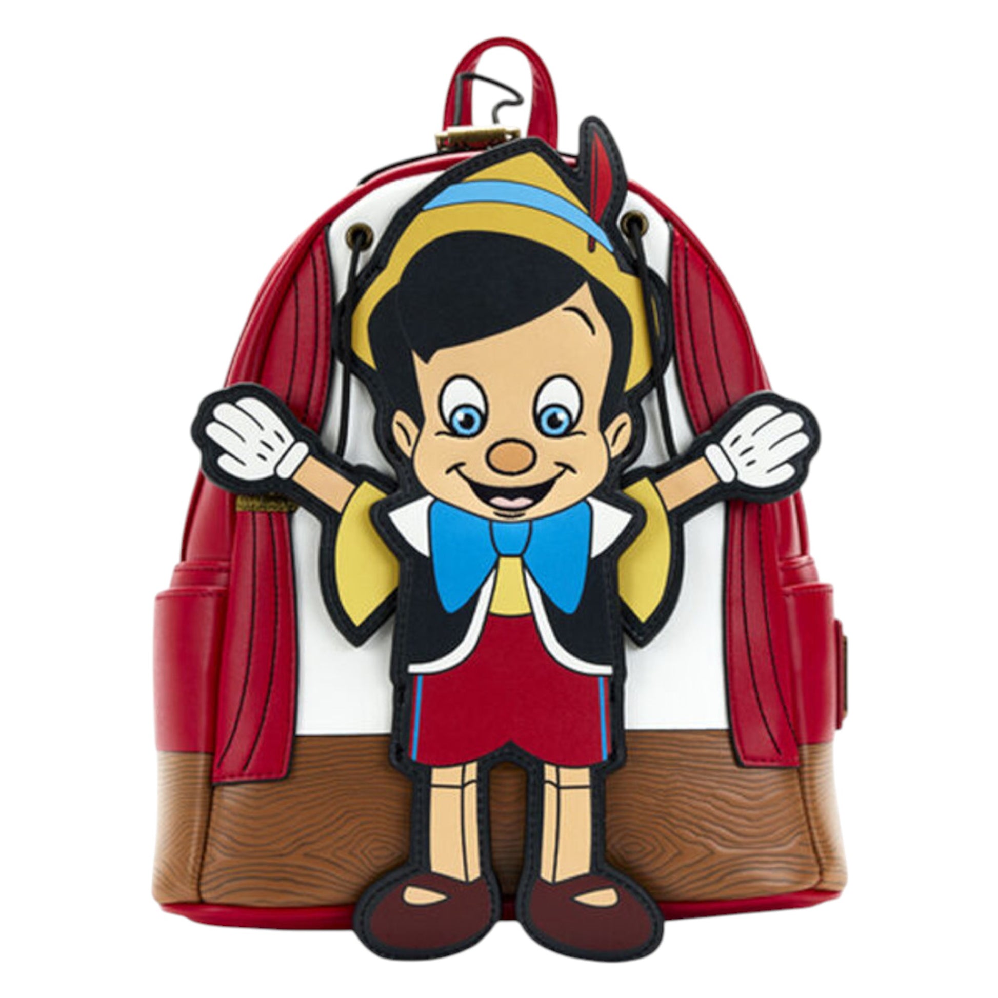 Backpack with a Pinocchio character attached on a white background