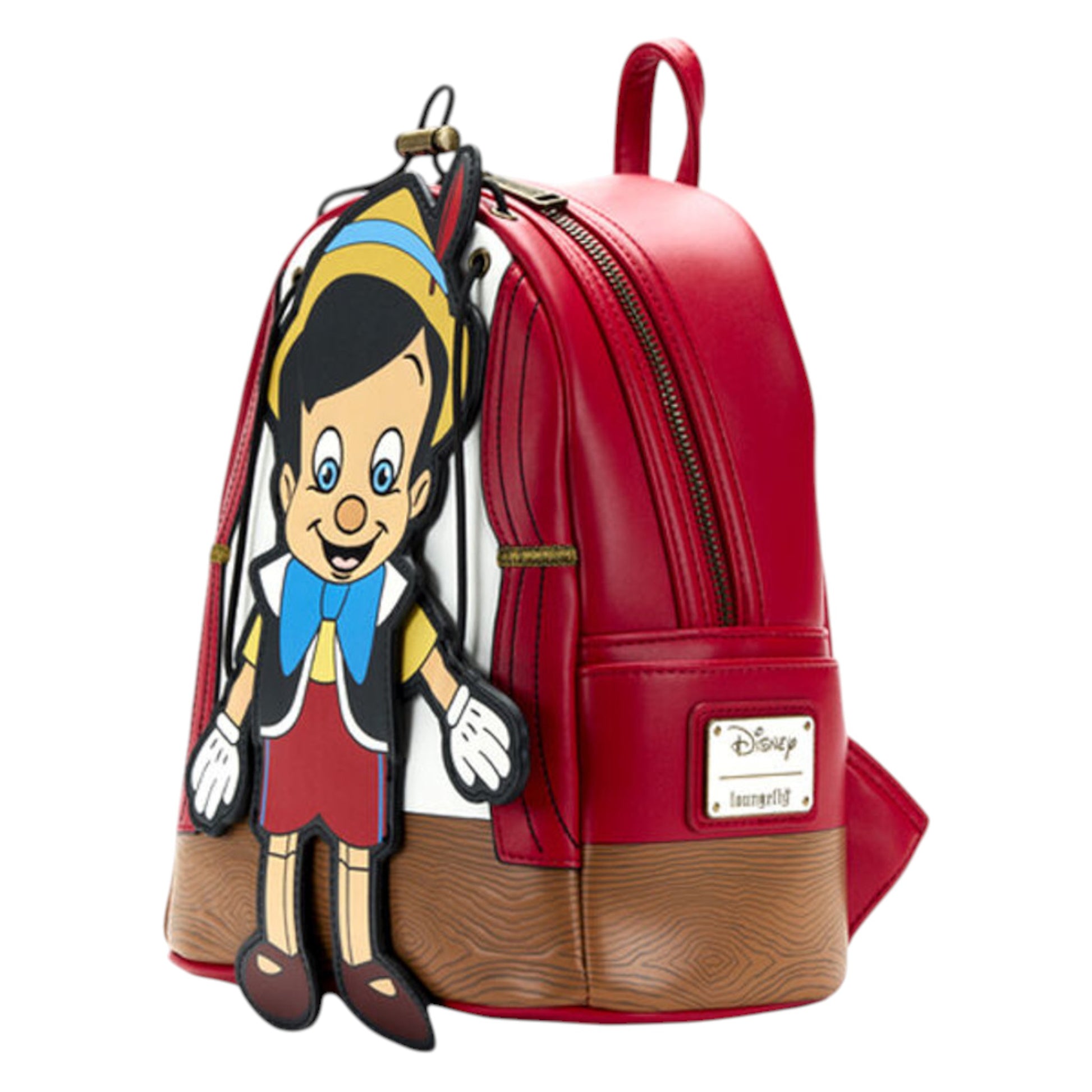 Red backpack with a Pinocchio  character charm on a white background