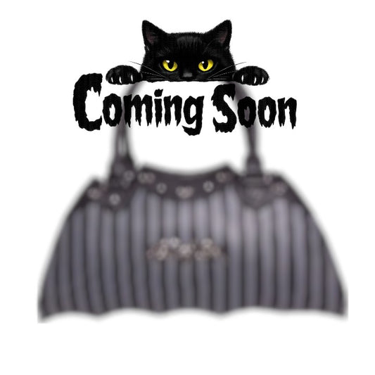 Coming Soon Text with a blurred pinstripe bat shaped bag on a white background