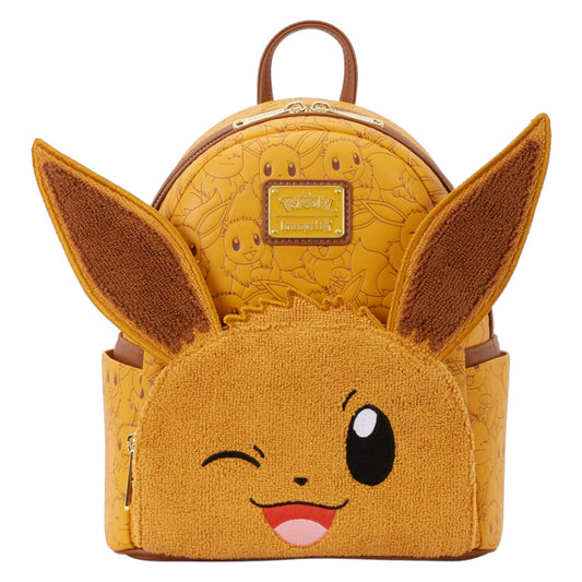 Yellow backpack with Pokémon Eevee Winking design and ears on a white background