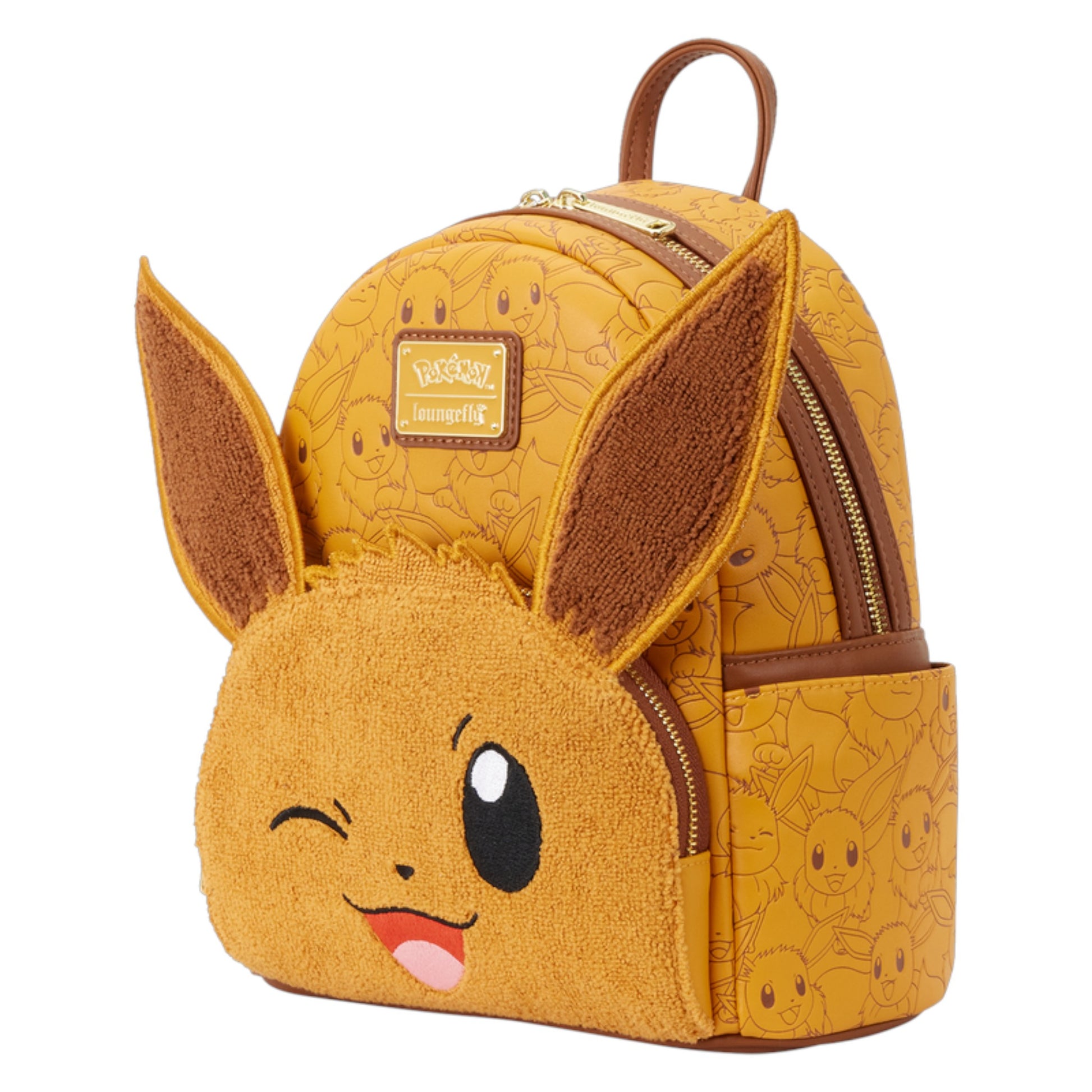 Yellow plush backpack with Pokémon Eevee Winking design and ears on a white background