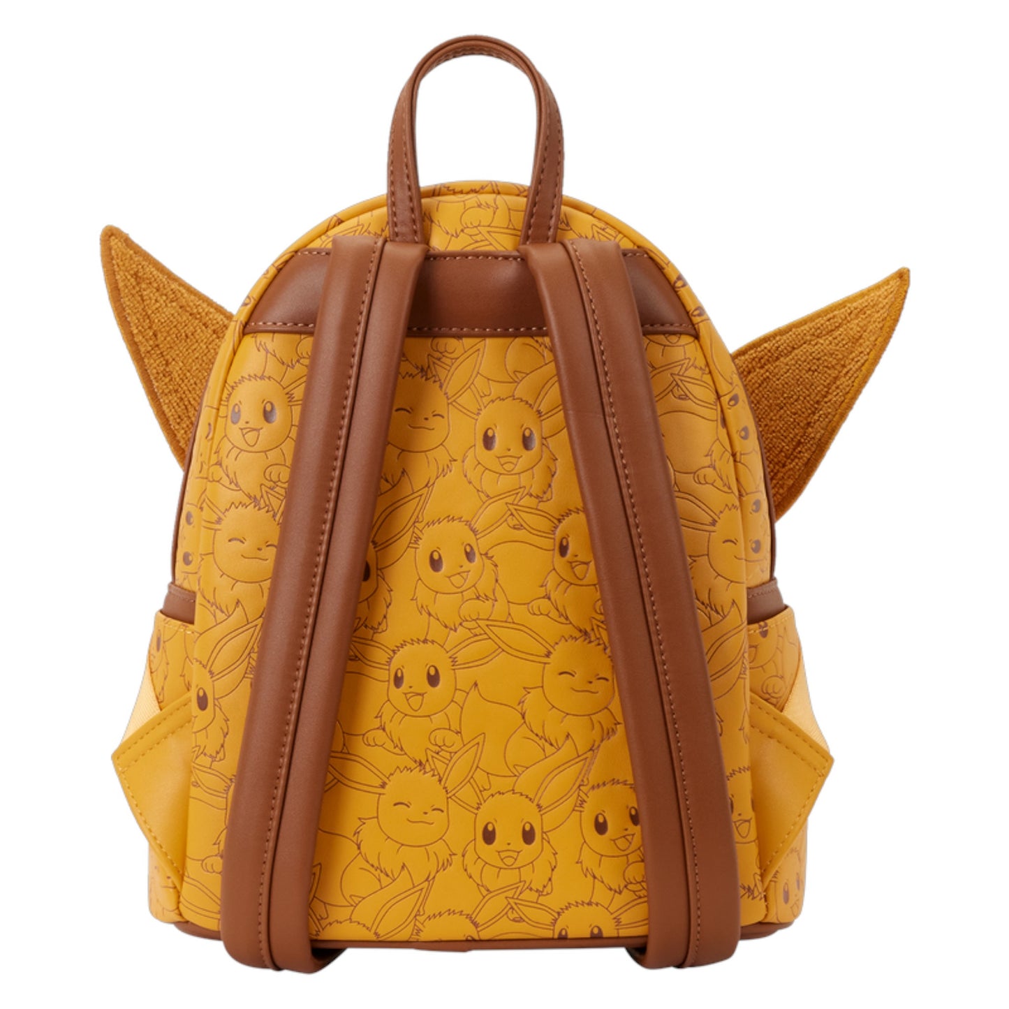 Yellow backpack with Pokémon Eevee character pattern and brown straps on a white background