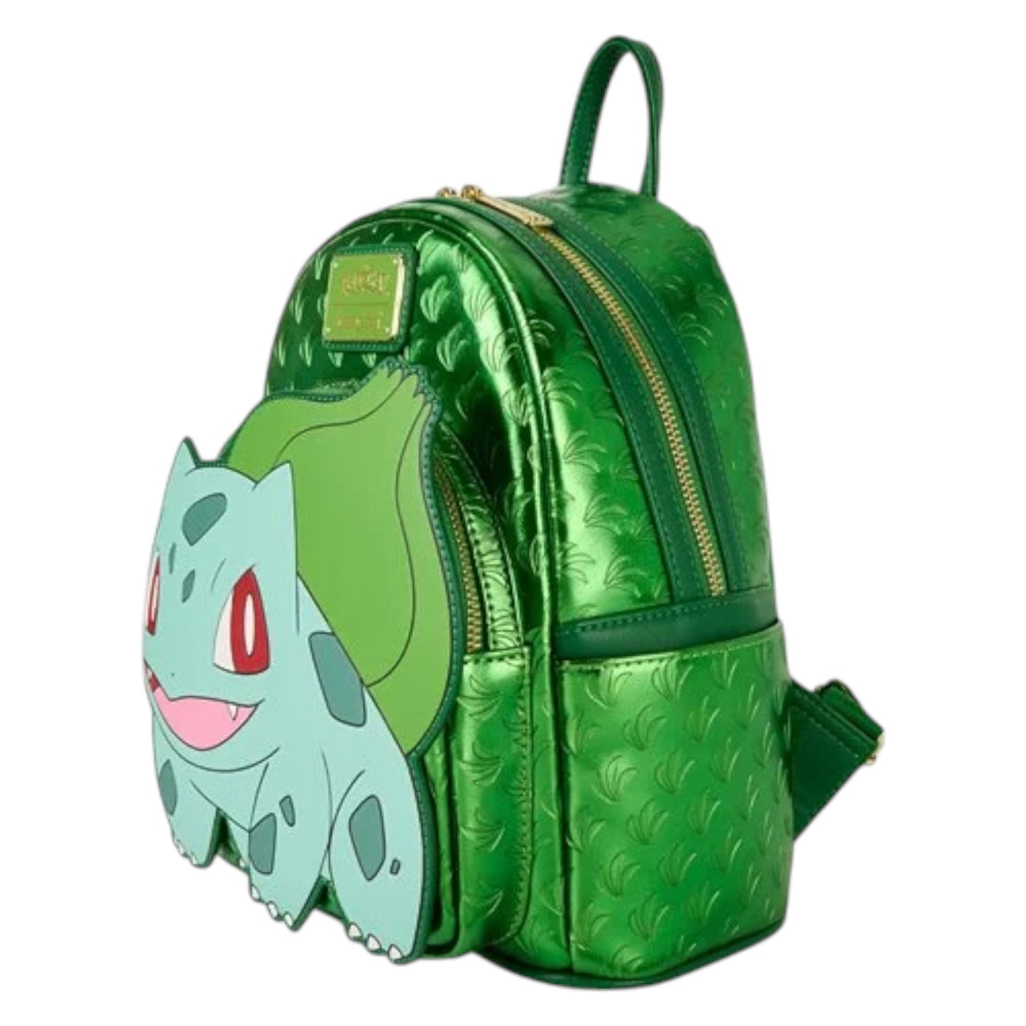 Green backpack with Pokémon Metallic Bulbasaur character on a white background