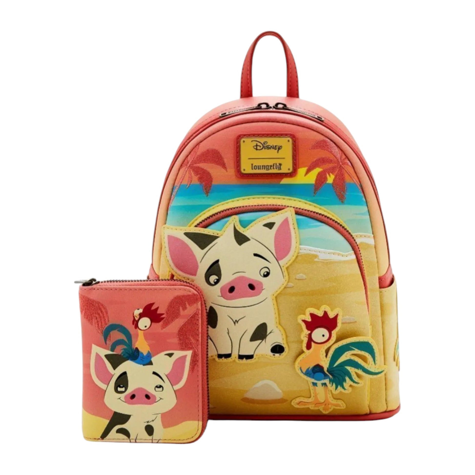 Moana Pua and Hei Hei Movie Characters on mini backpack and wallet on white background