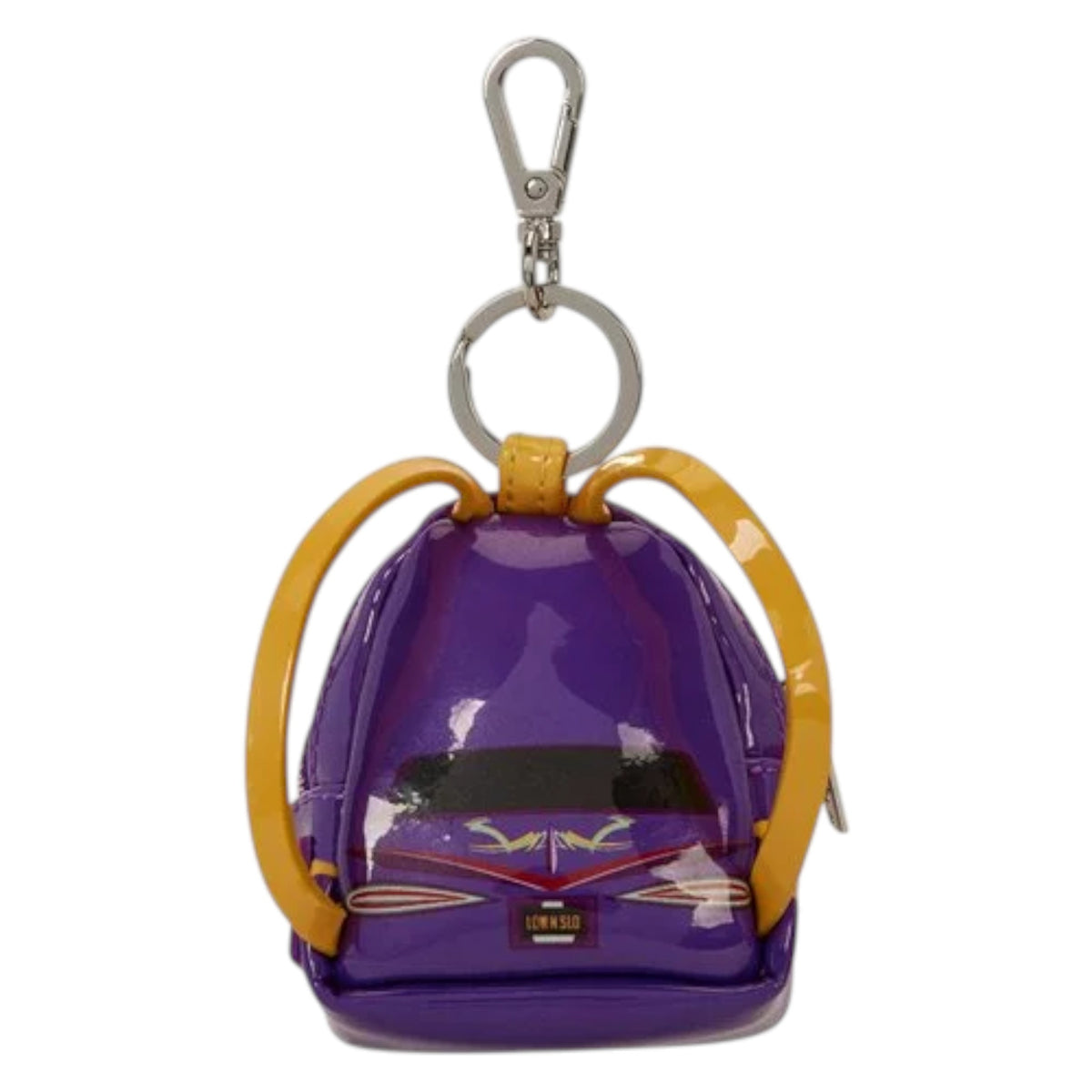A small glossy purple cat-shaped keychain bag with yellow straps and a silver metal clasp, shown on a plain white background.