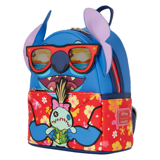 Colorful backpack showcasing the lenticular sunglass feature with Stitch and Scrump character design on a white background