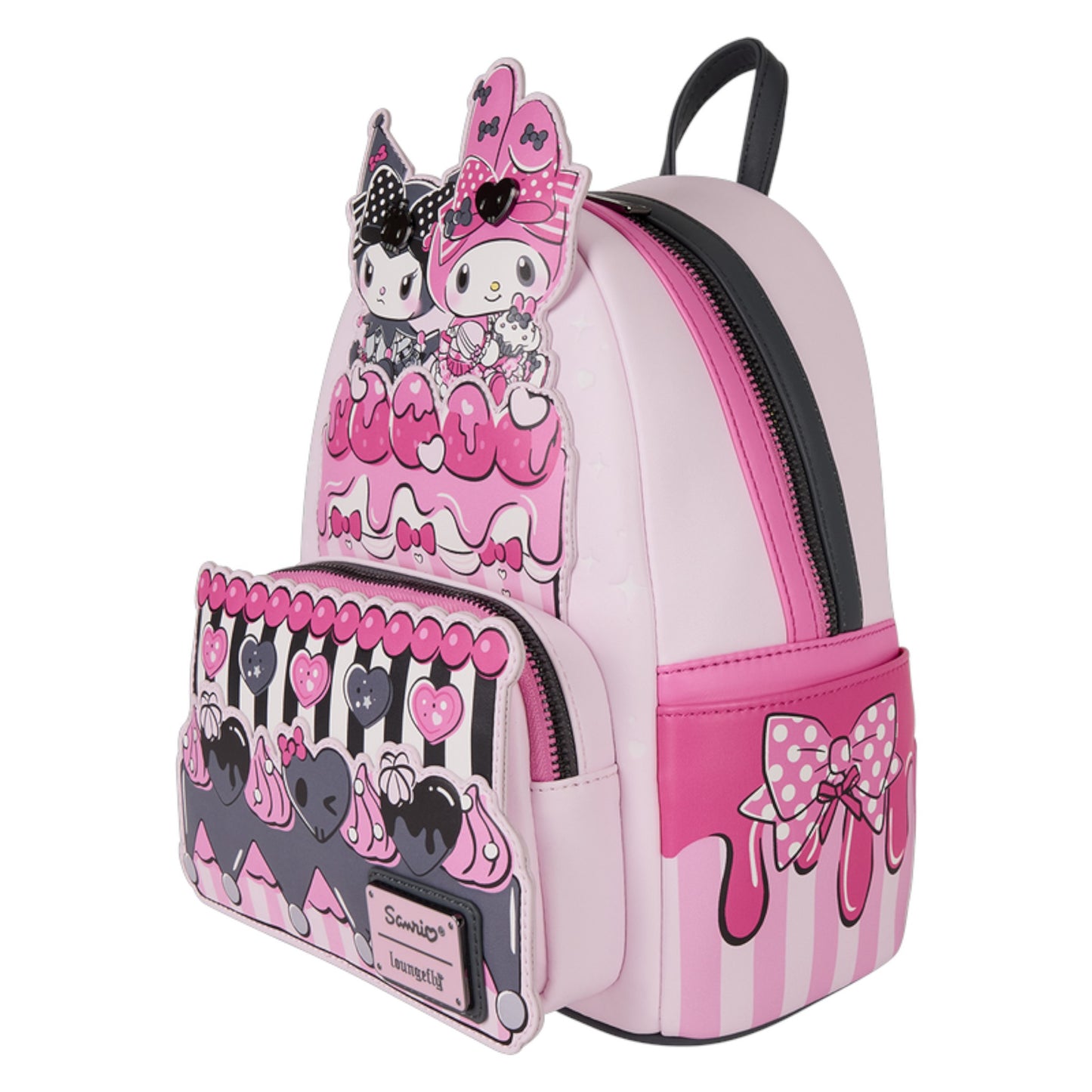 Pink and black backpack with My Melody & Kuromi Cake character design on a white background