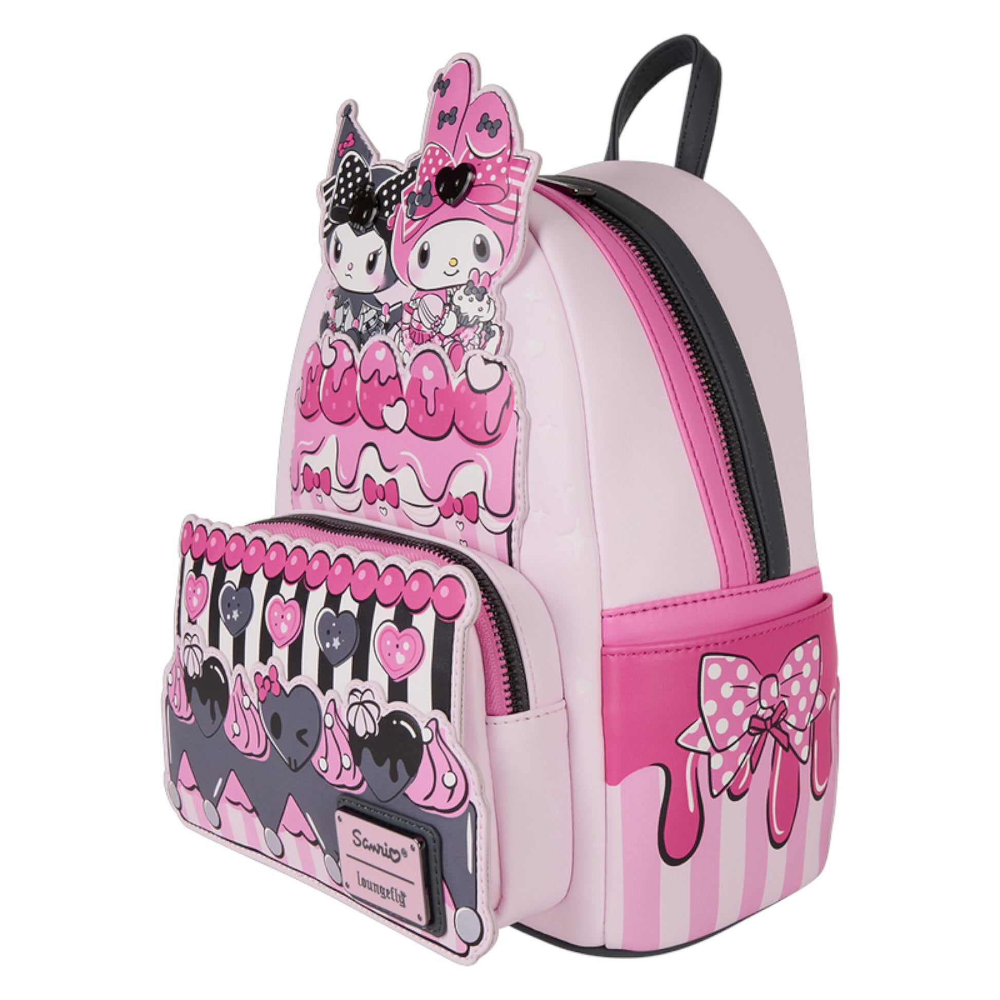 Pink and black backpack with My Melody & Kuromi Cake character design on a white background