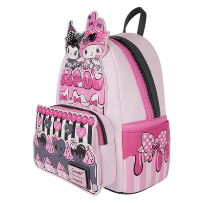 Pink and black backpack with My Melody & Kuromi Cake character design on a white background