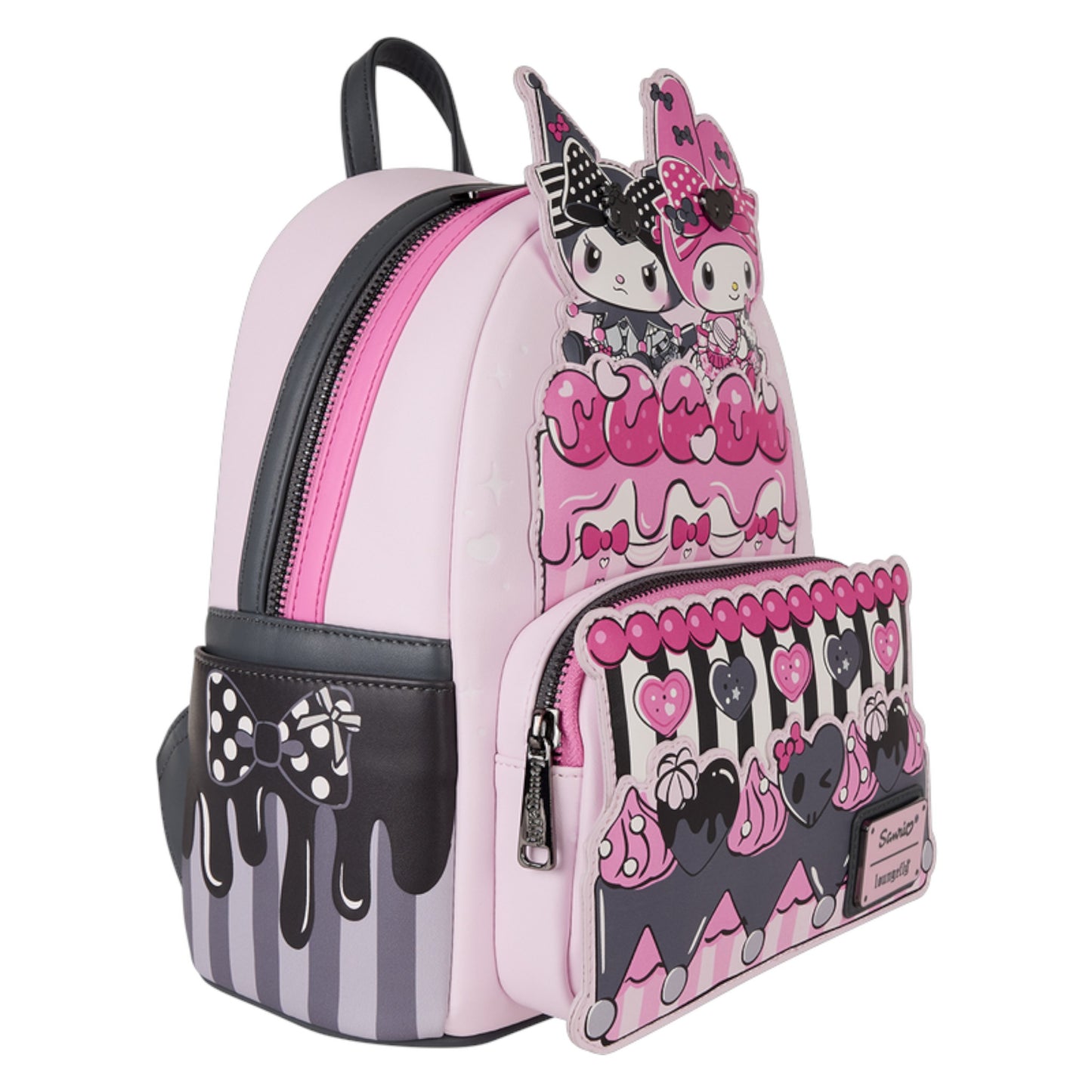 Pink and black backpack with My Melody & Kuromi Cake characters and designs on a white background