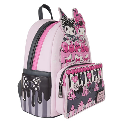 Pink and black backpack with My Melody & Kuromi Cake characters and designs on a white background